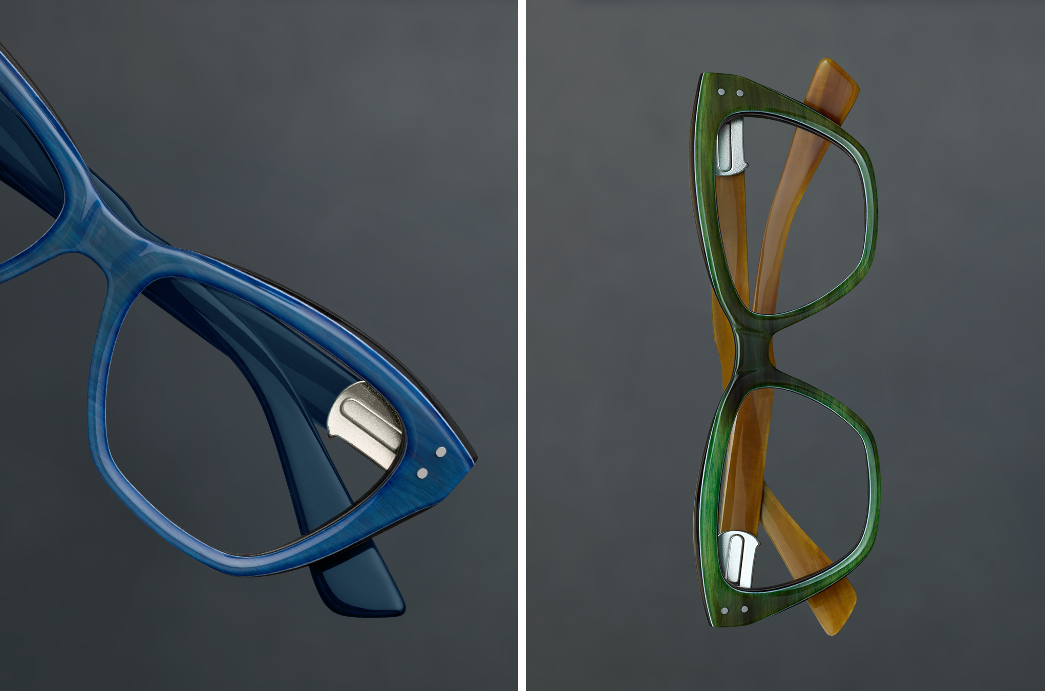 Two pairs of stylish Robert Marc Horn eyeglasses on a dark background.