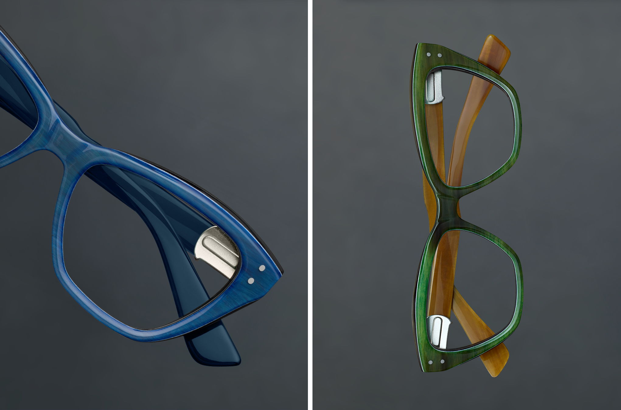 Two pairs of stylish Robert Marc Horn eyeglasses on a dark background.