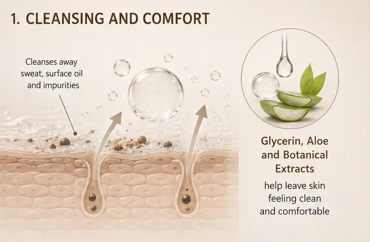 Cleansing skin with glycerin, aloe, and botanical extracts for comfort.