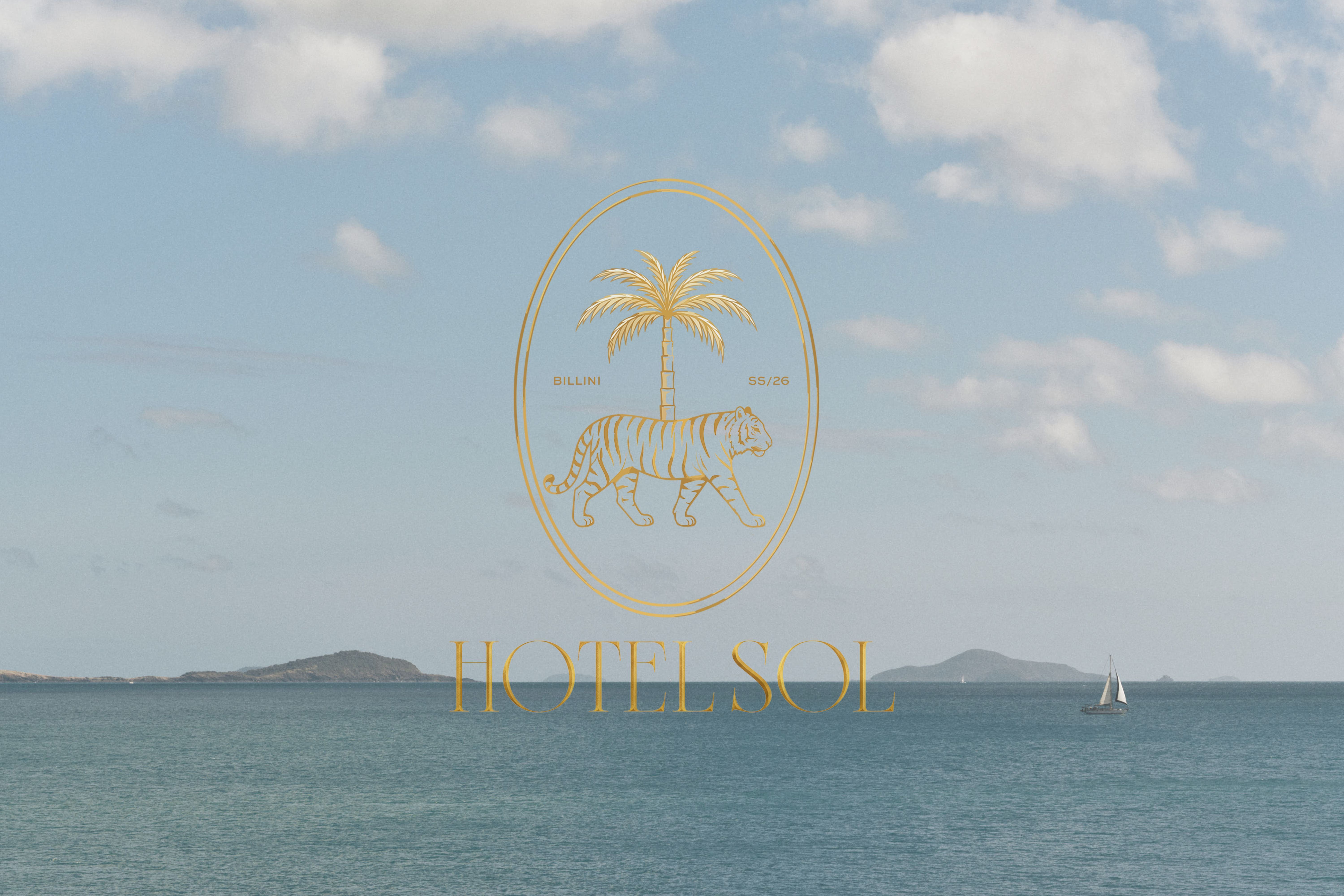 Coastal view with islands, clouds, and a logo in the center.