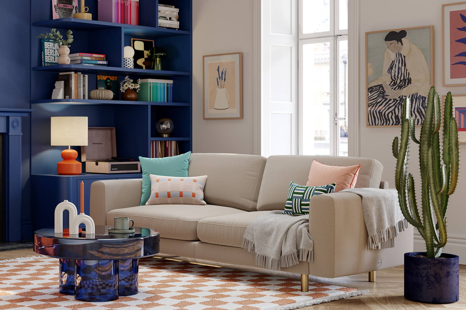 Neutral colour sofa with blue statement wall and colourful decor