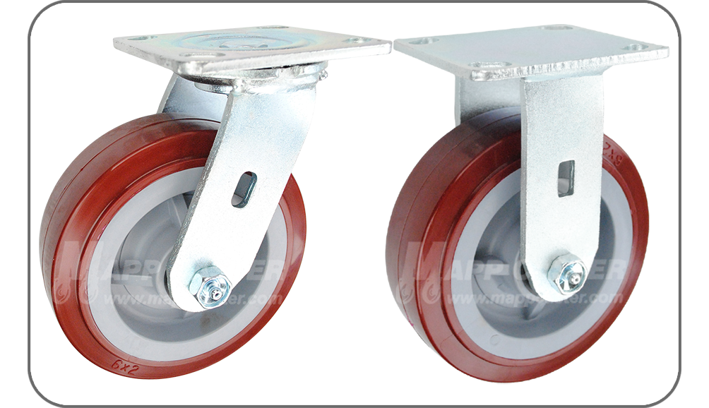 Red polyurethane on polyolefin Swivel & Rigid Plate Casters - Floor protective, non-marking, NSF Certified, RoHS Compliant