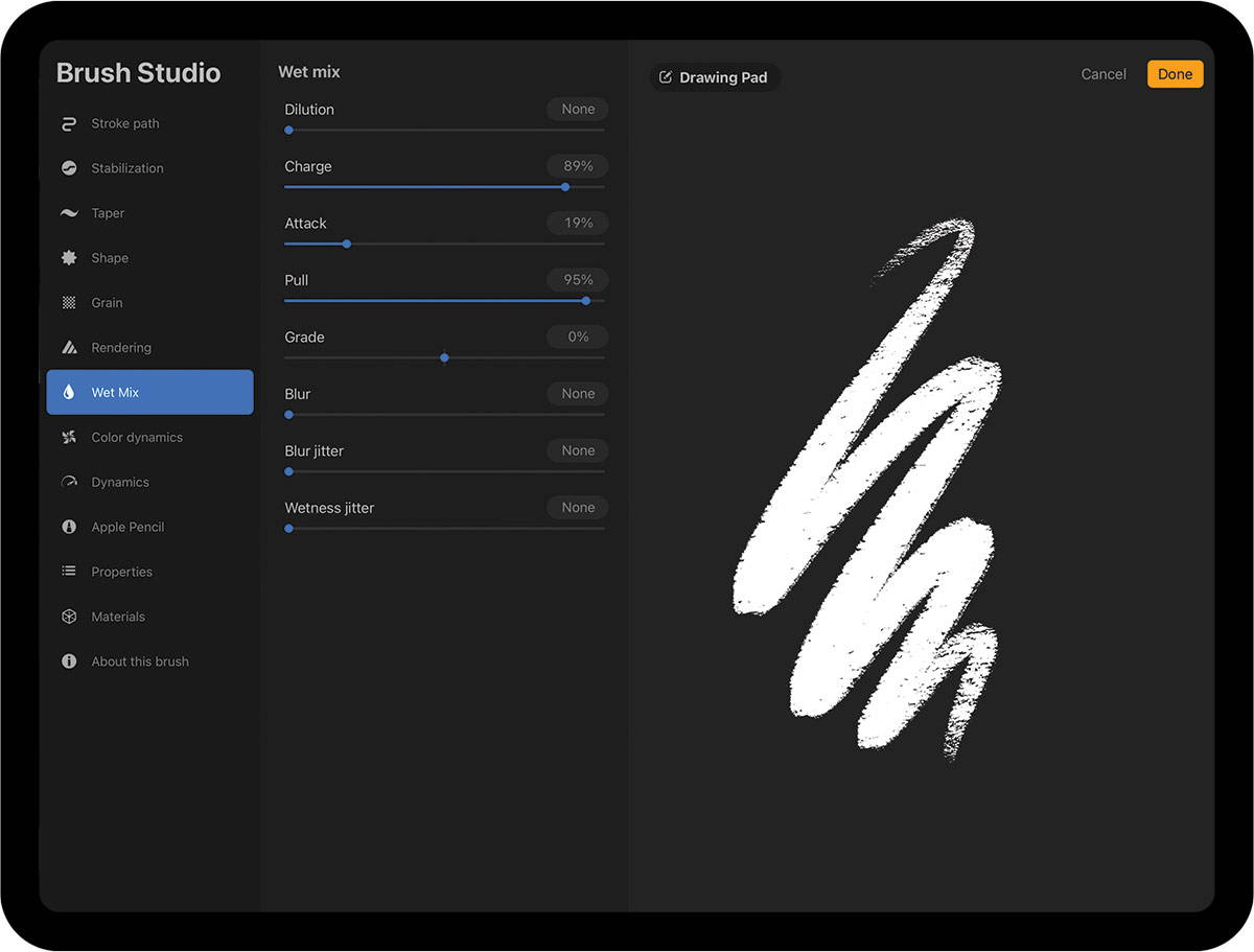 Procreate app Brush Studio with Wet Mix menu option selected and sliders being adjusted on iPad