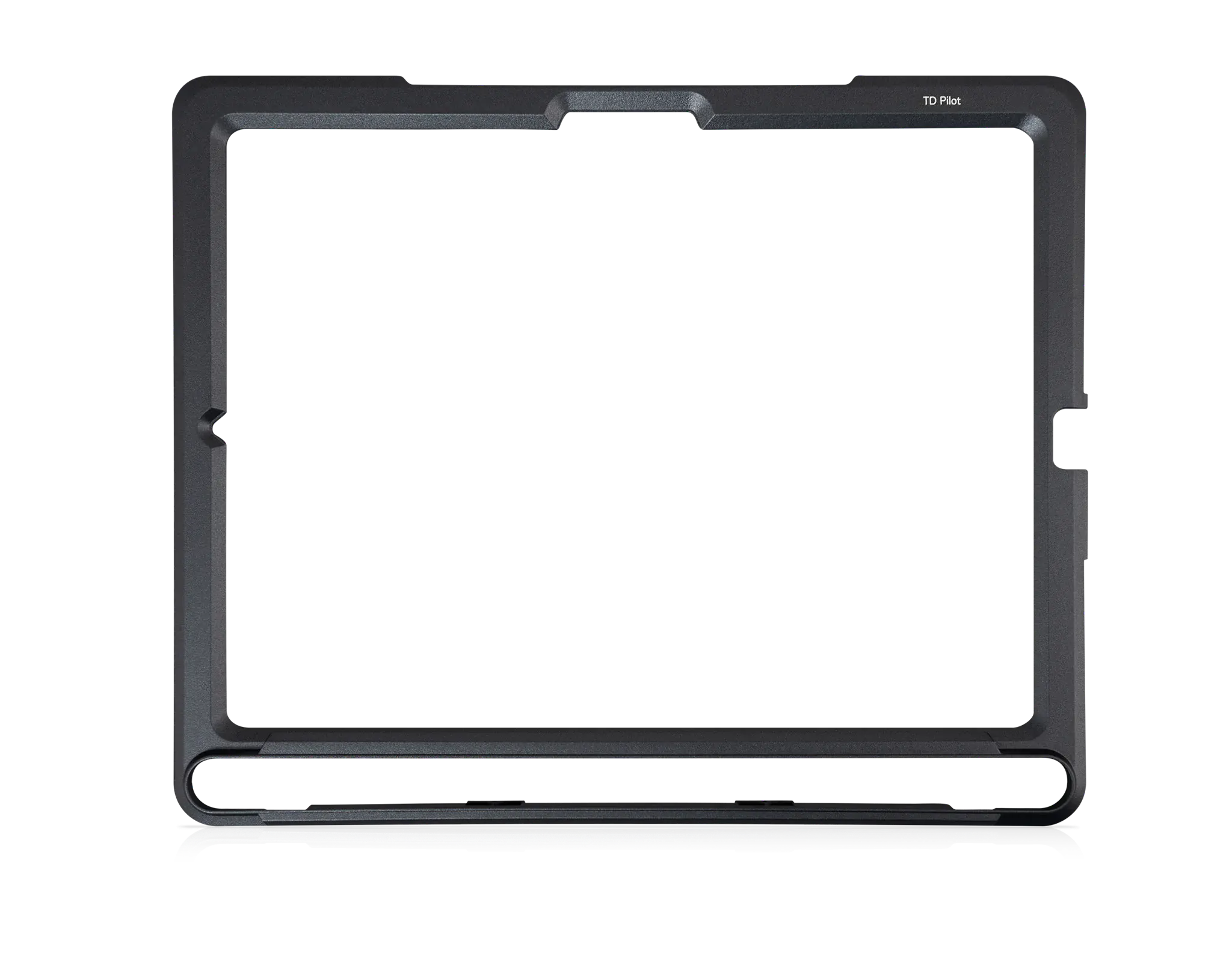 Black rectangular frame with openings, likely for mounting or displaying a device.