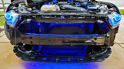 Side profile of 2017 Mustang GT with Conductor's Special 228H train horn kit install HornBlasters gallery photo 2