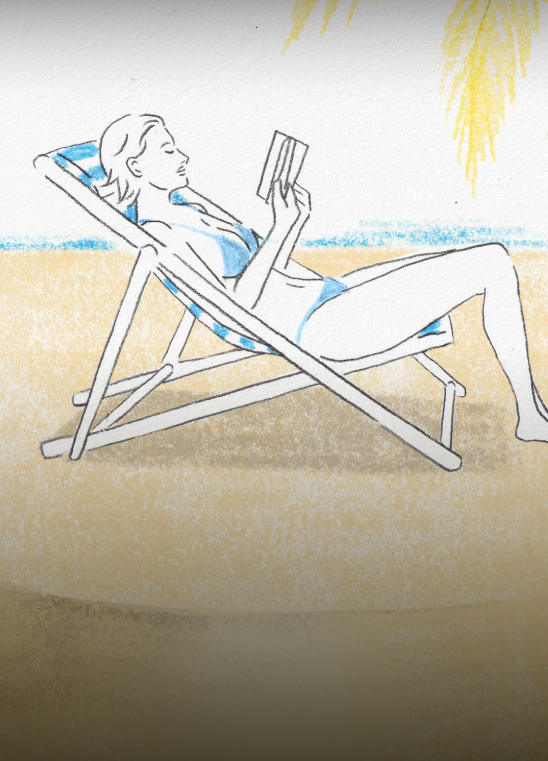 Woman reading a book while lounging on a beach chair.