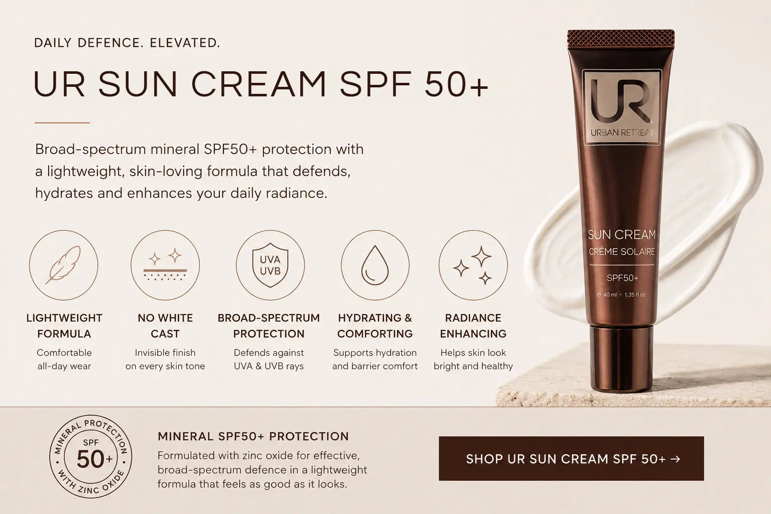UR Sun Cream SPF 50+ tube with benefits and features listed beside it.