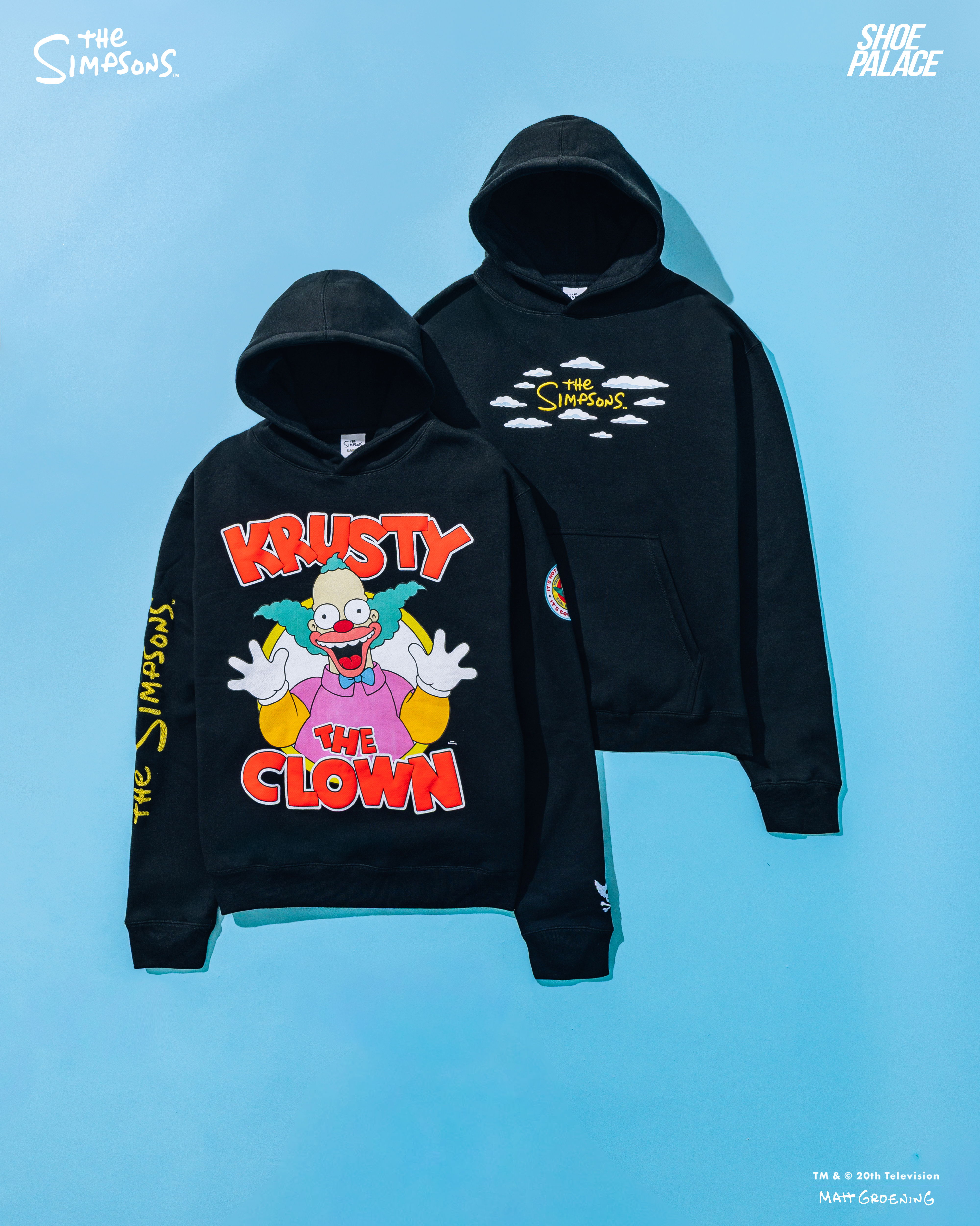 Black hoodie featuring Krusty the Clown graphic on the front.