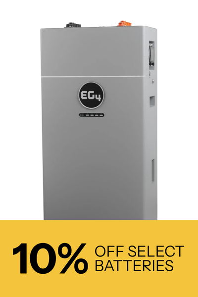 EG4 indoor WallMount battery showing 10% off select batteries.