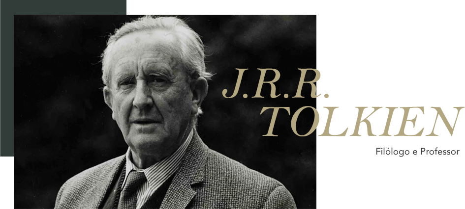 Black and white portrait of J.R.R. Tolkien with name in gold text.