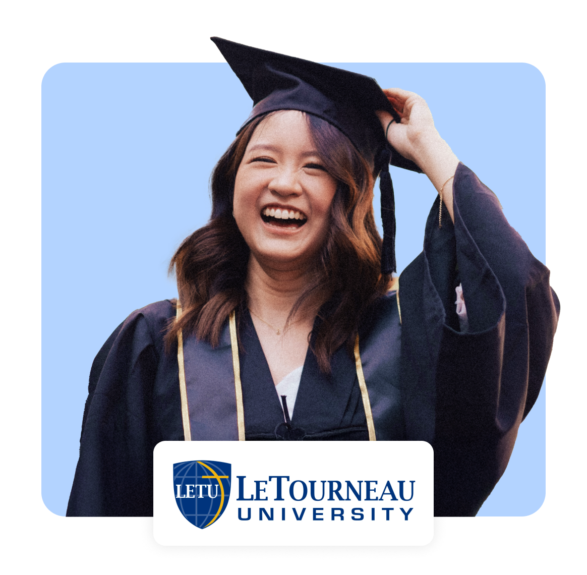 Happy graduate celebrating at LeTourneau University commencement ceremony.