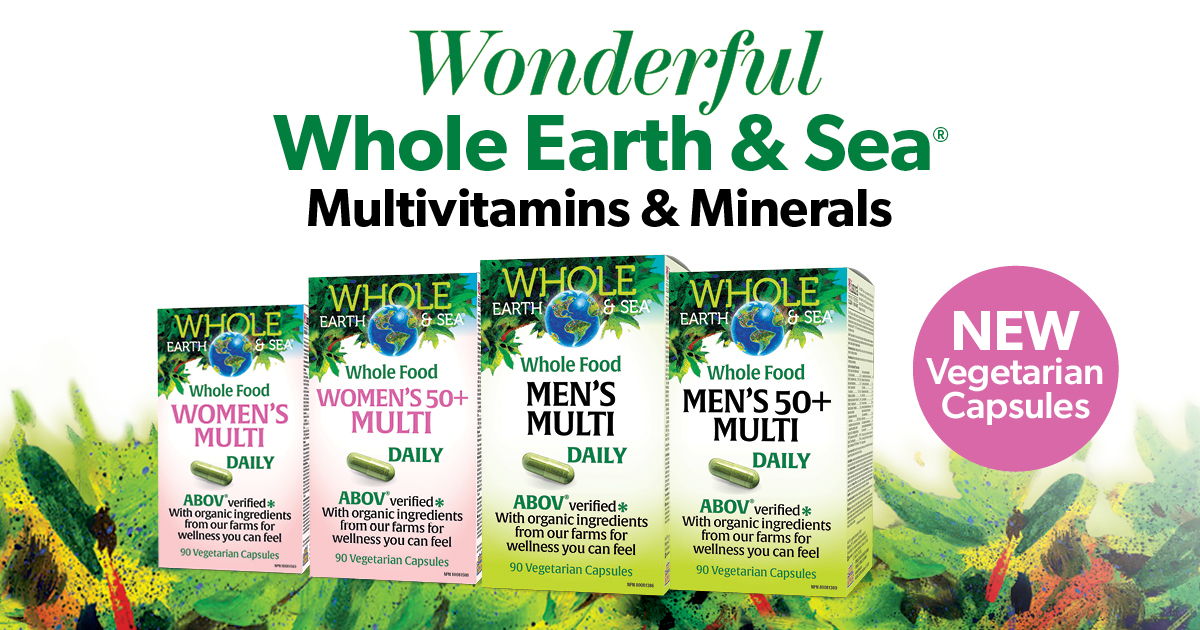 Packaging for Wonderful Whole Earth & Sea multivitamins and minerals. New vegetarian capsules.