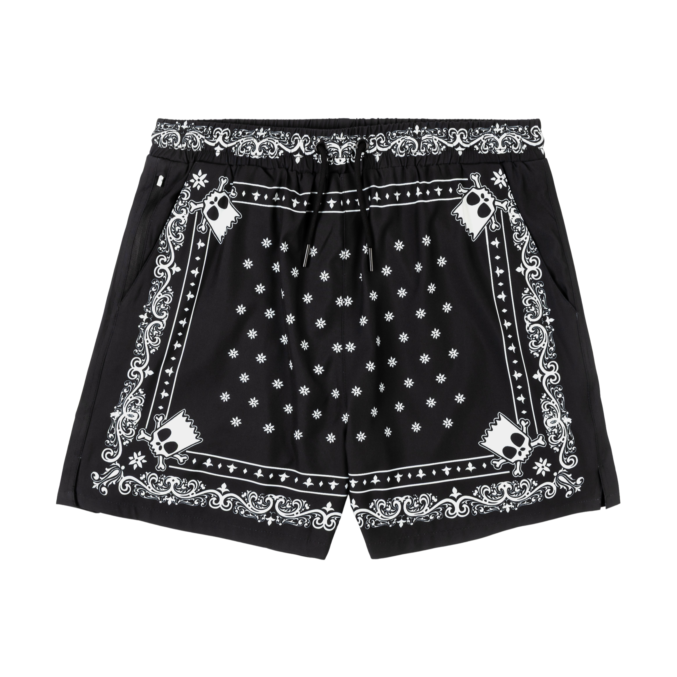 Black shorts with white bandana pattern and drawstring waist.