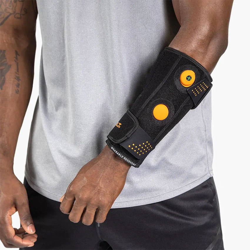 Myovolt vibration massage wrist brace for sports overuse strain and tendinitis.