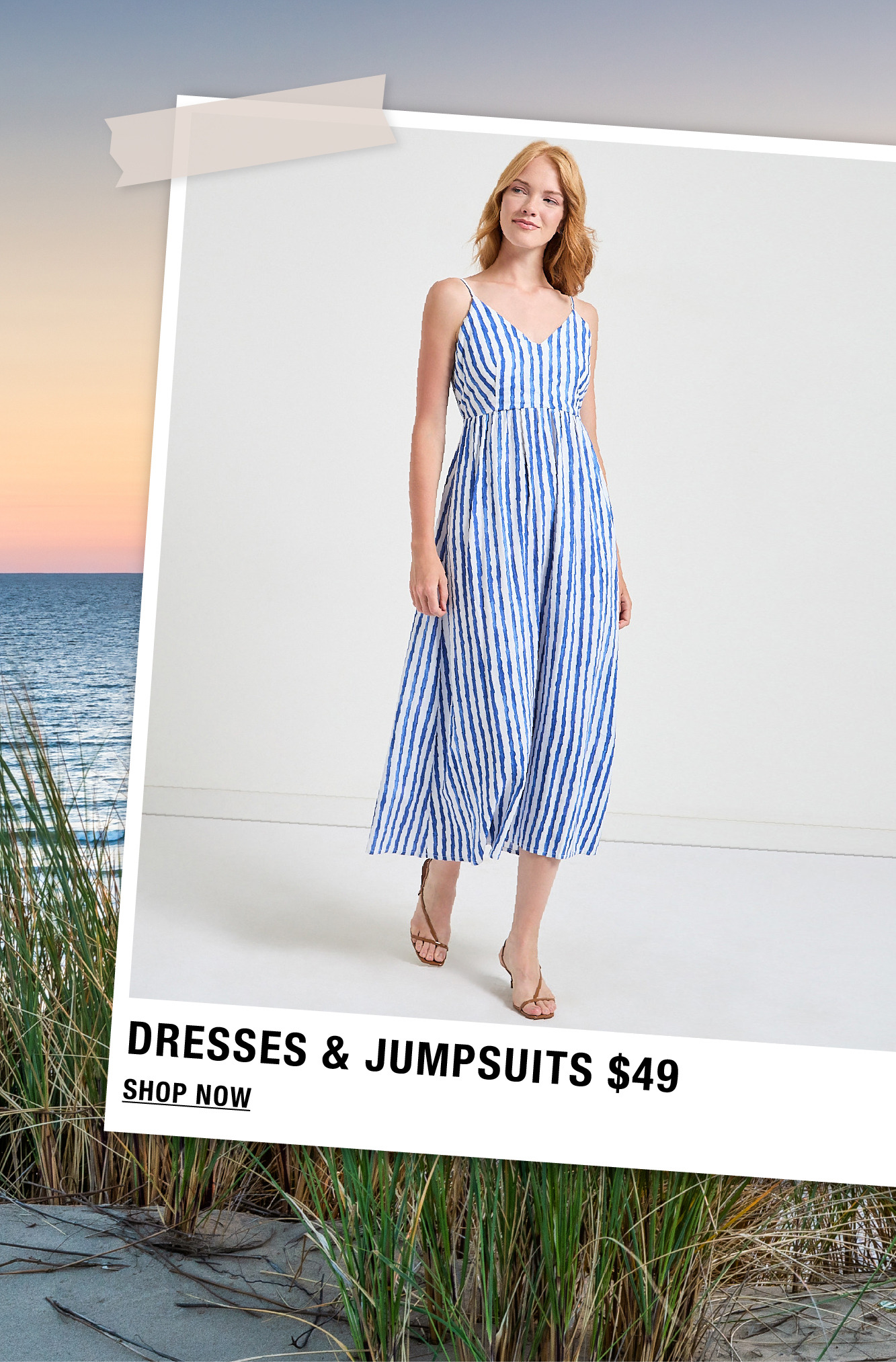 Woman in a striped dress standing on a beach with promotional text.
