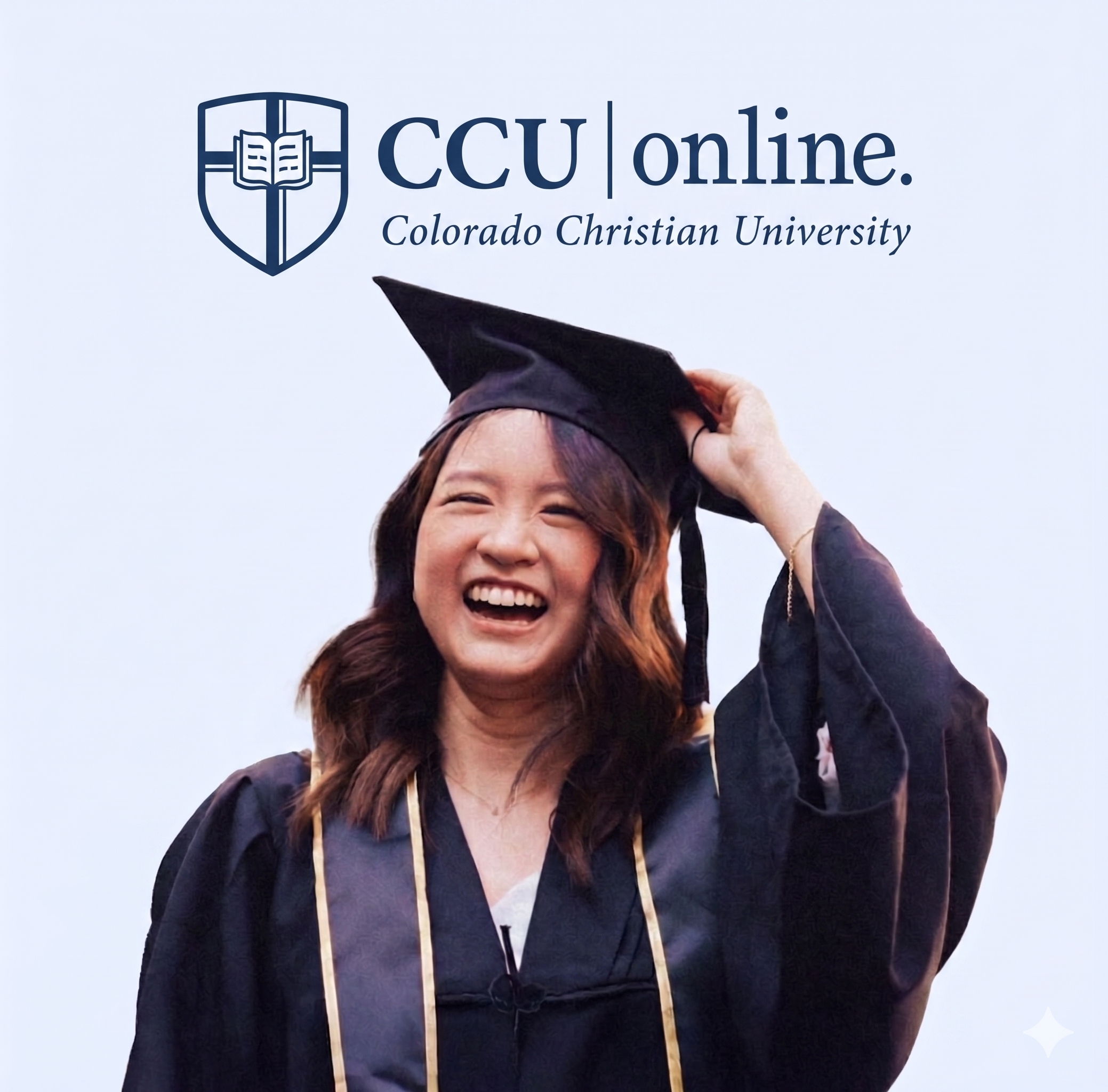 Smiling graduate in cap and gown, celebrating with Colorado Christian University logo.
