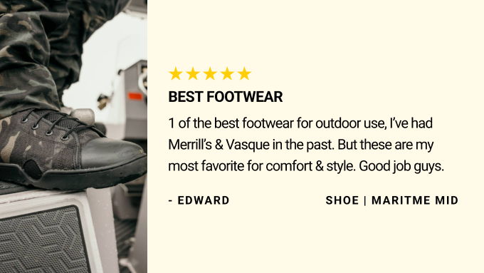 Customer review card with a cream background. Left side shows a close-up photo of a foot in a multicam ALTAMA Maritime Mid shoe resting on a hard surface. Right side displays five yellow stars, bold heading 