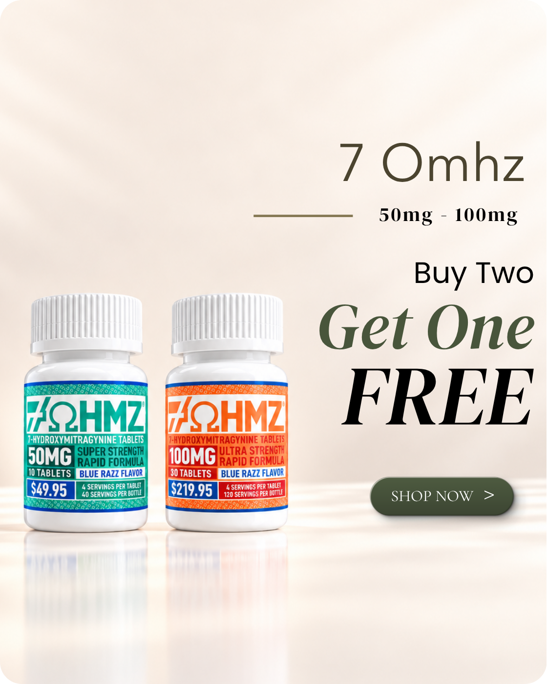 Two bottles of 7 Omhz supplements with a promotional offer.