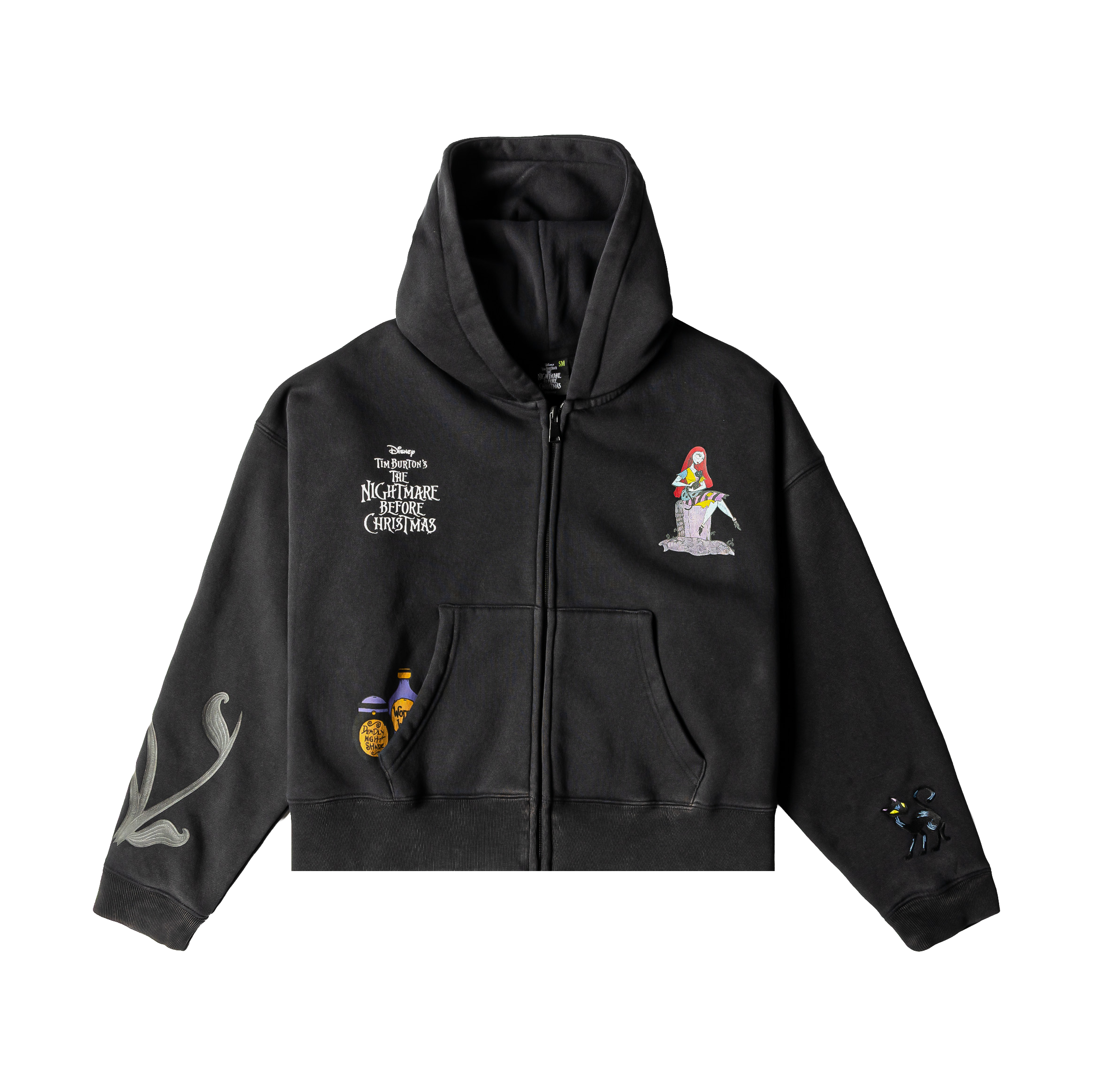 Black zip-up hoodie with colorful graphics on sleeves and front.