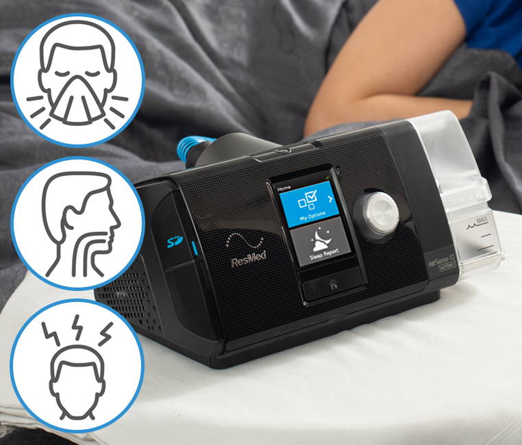 A CPAP machine on a bedside table with icons related to sleep problems.