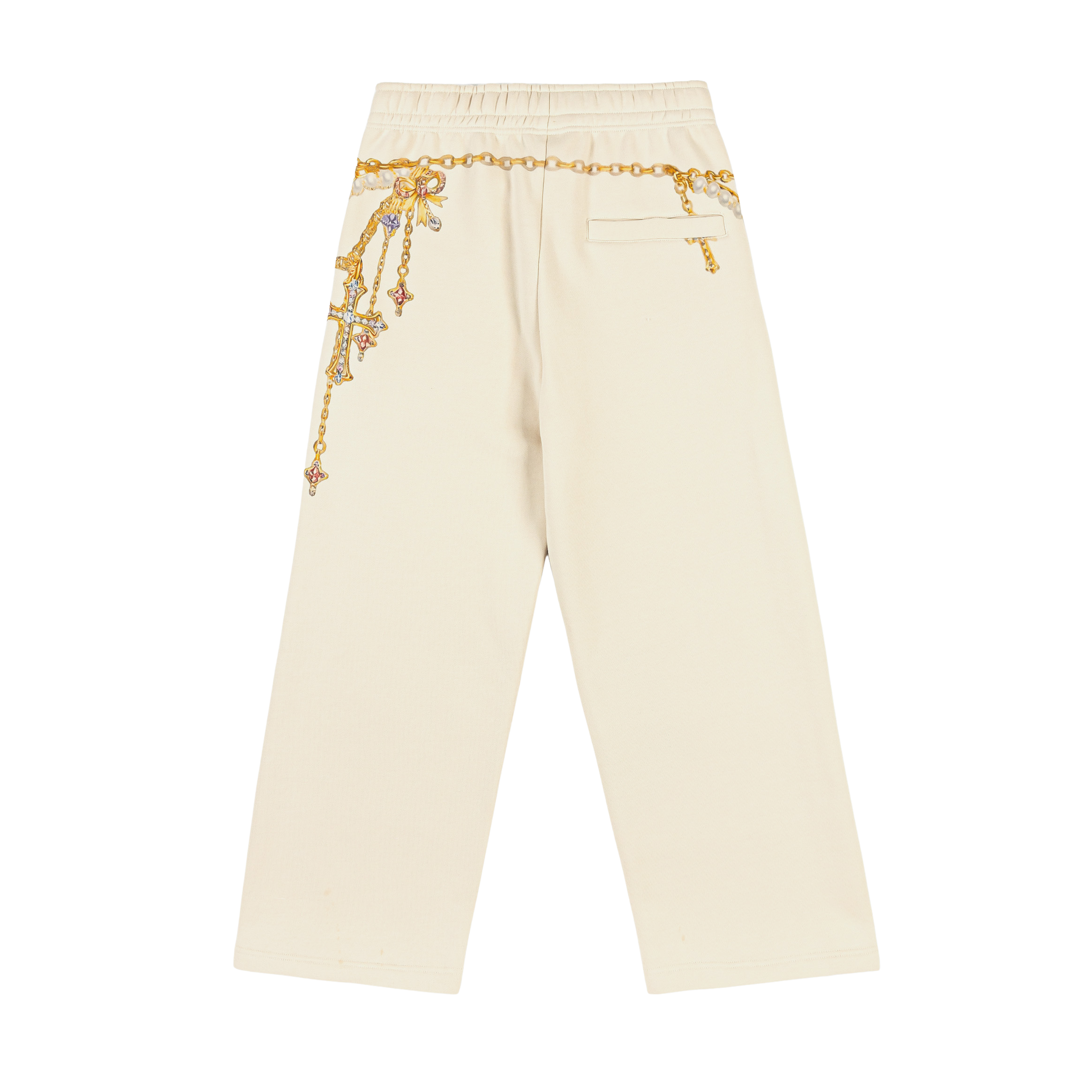 Cream pants with angel designs and decorative chains and crosses.