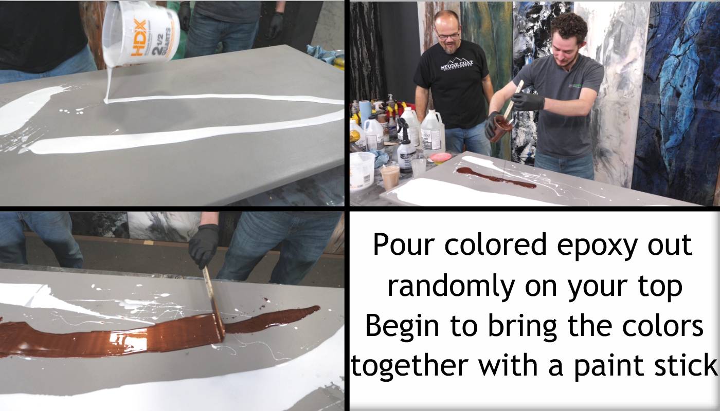 Pour colored epoxy randomly on the surface, then blend colors together using a paint stick.