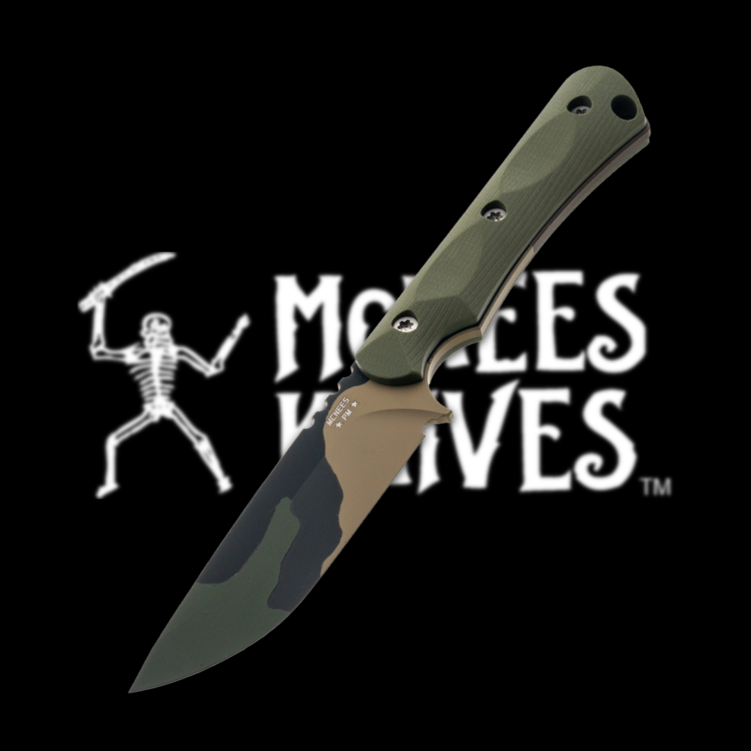 A knife with a camouflage blade and green handle against a black background.