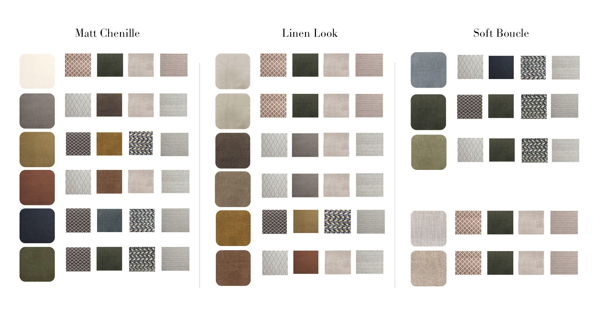 Matt chenille, linen look and soft boucle fabrics for the Vogue Williams collection