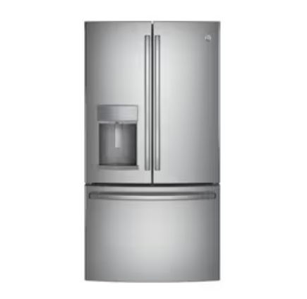 Silver French door refrigerator with water and ice dispenser.