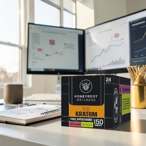 Kratom product box on a desk with dual monitors displaying graphs.