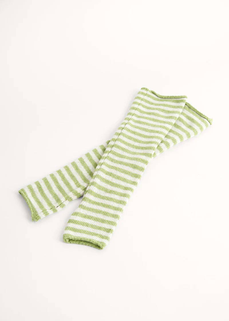 A pair of green and off white striped knitted wrist warmers