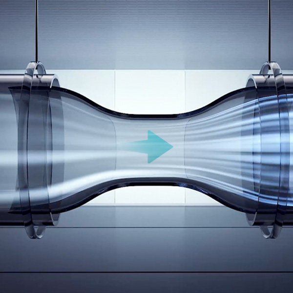 An abstract image of a tube with flowing lines and an arrow pointing right