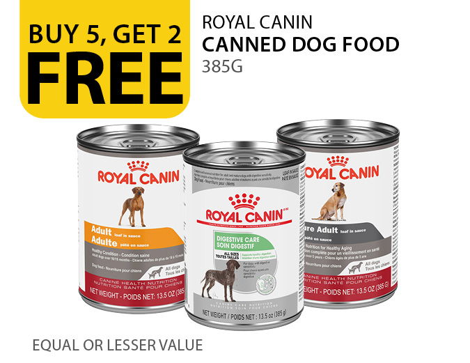 Buy 5, get 2 free Royal Canin canned dog food 385g. Equal or lesser value