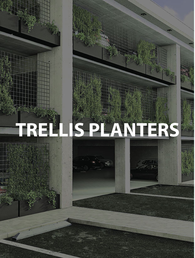 Modern parking structure with greenery and concrete features.