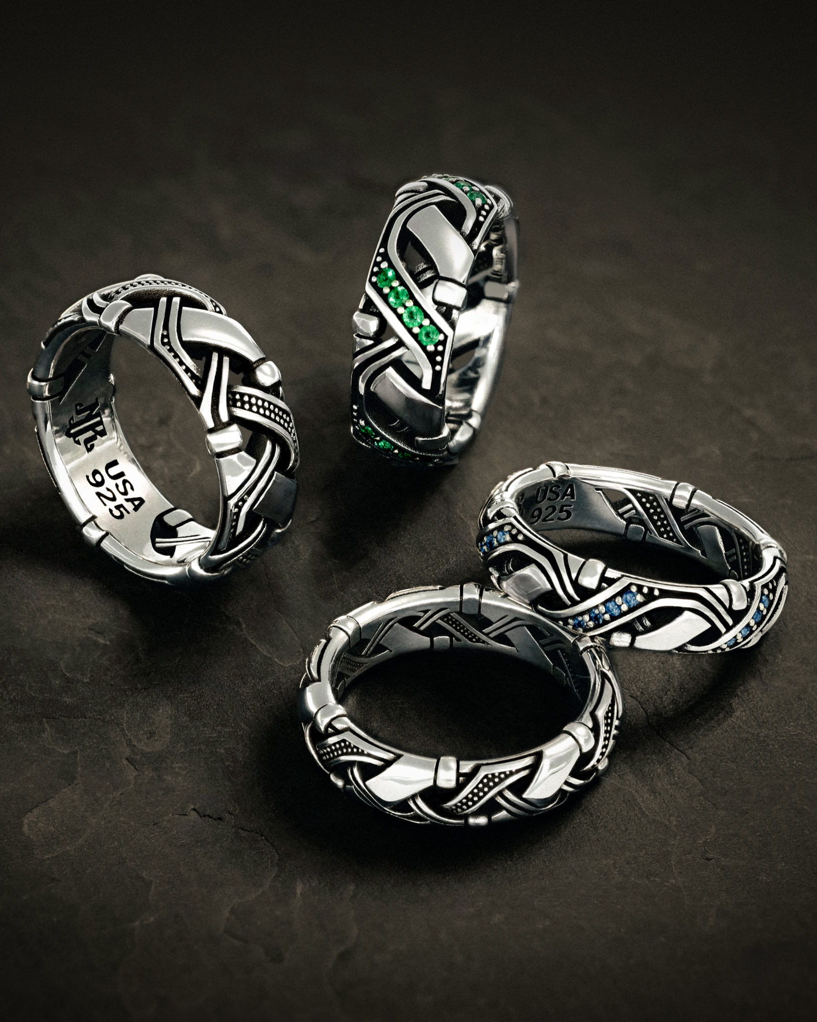 Valhalla Band - Shown in 6.5mm and 8.5mm Sterling Silver variants, with and without gemstones