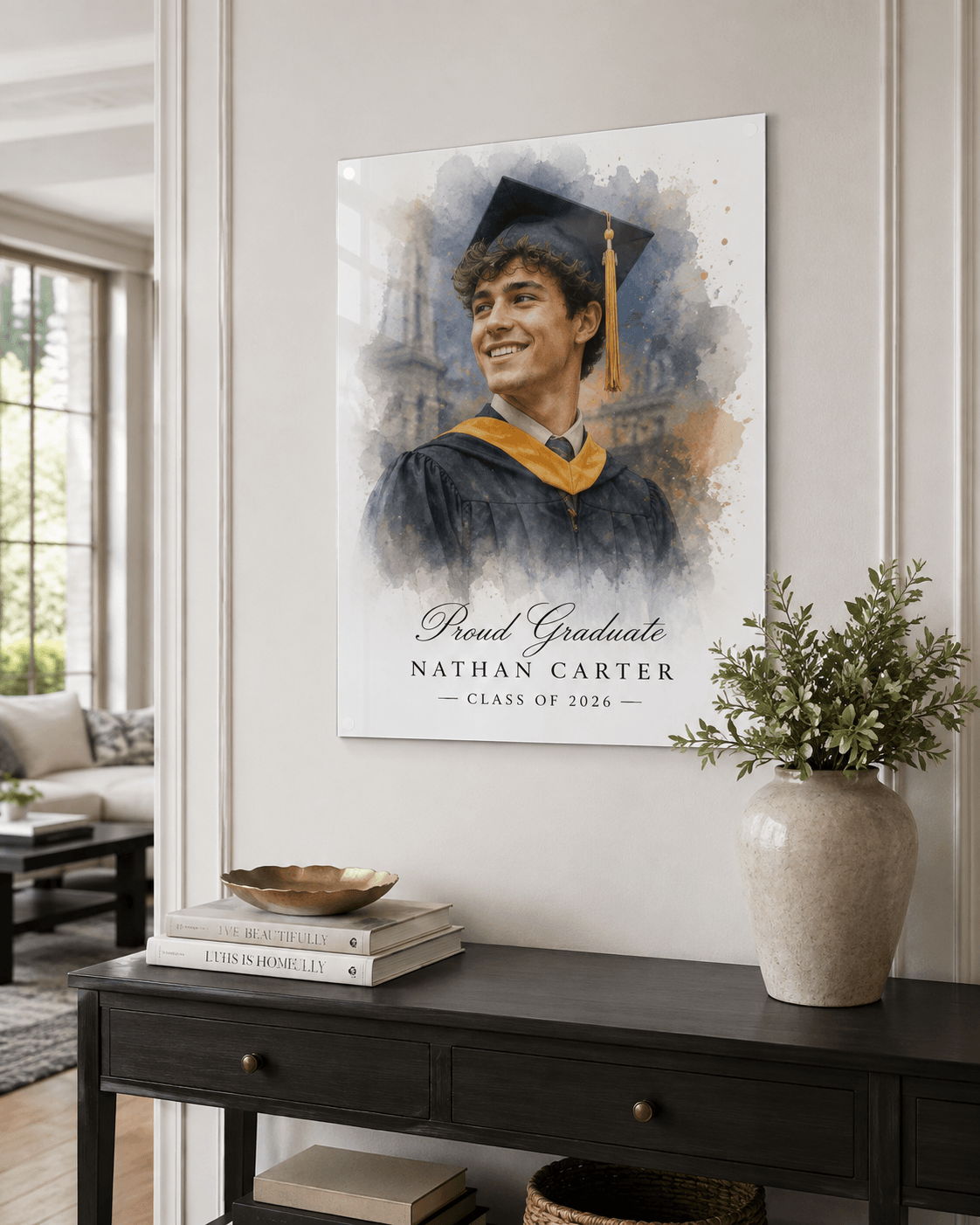 Graduation portrait of Nathan Carter, Class of 2023, displayed on a wall.