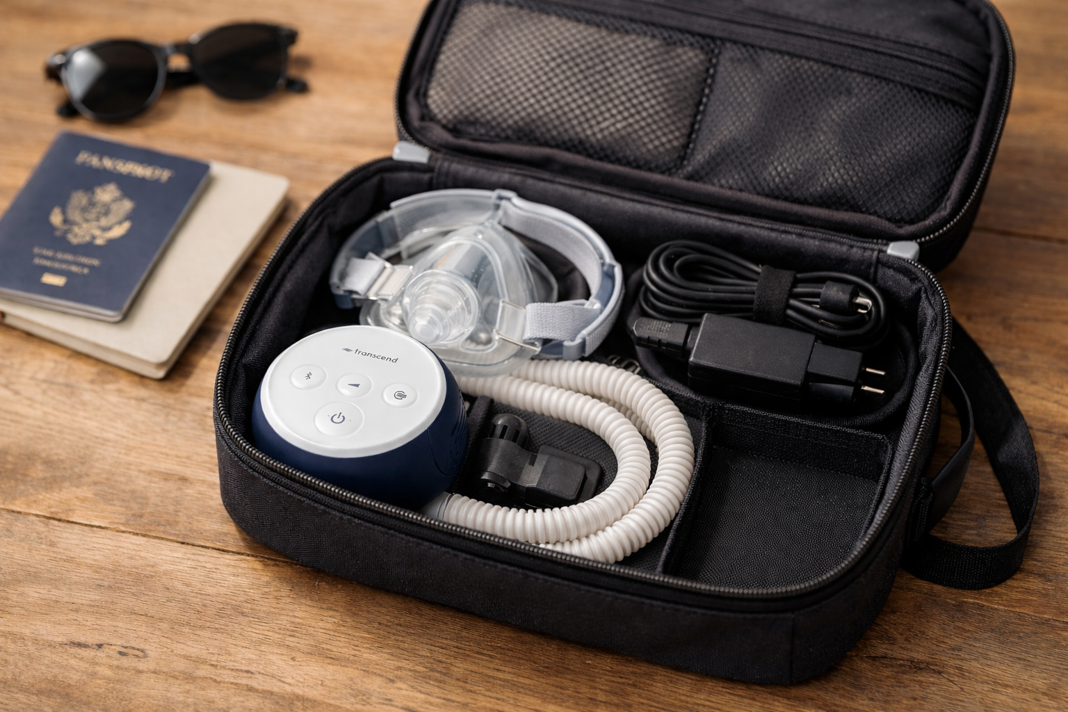 Travel bag with headphones, mask, charger, and passport on a wooden surface.