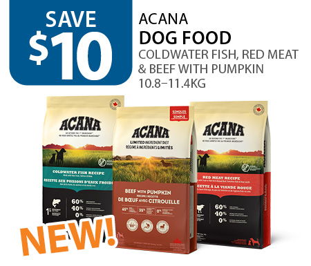 $10 off ACANA dog food Coldwater Fish, Red Meat & Beef with Pumpkin 10.8 – 11.4kg.