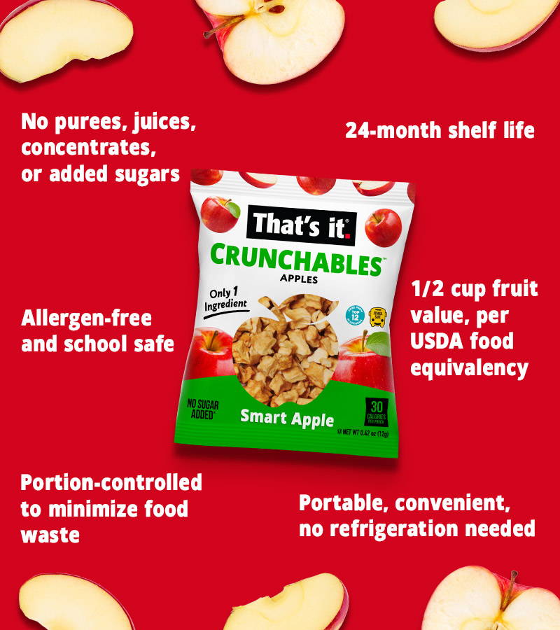 No purees, juices, concentrates,or added sugars, Allergen-free and school safe, Portion-controlled to minimize food waste, 24-month shelf life, 1/2 cup fruit value, per USDA food equivalency, Portable, convenient, no refrigeration needed