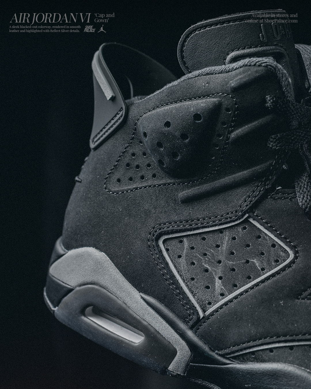 Black Air Jordan 6 sneaker with suede and perforated details.