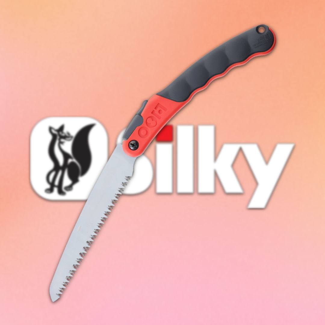 A pruning saw with a black and red handle on a gradient background.