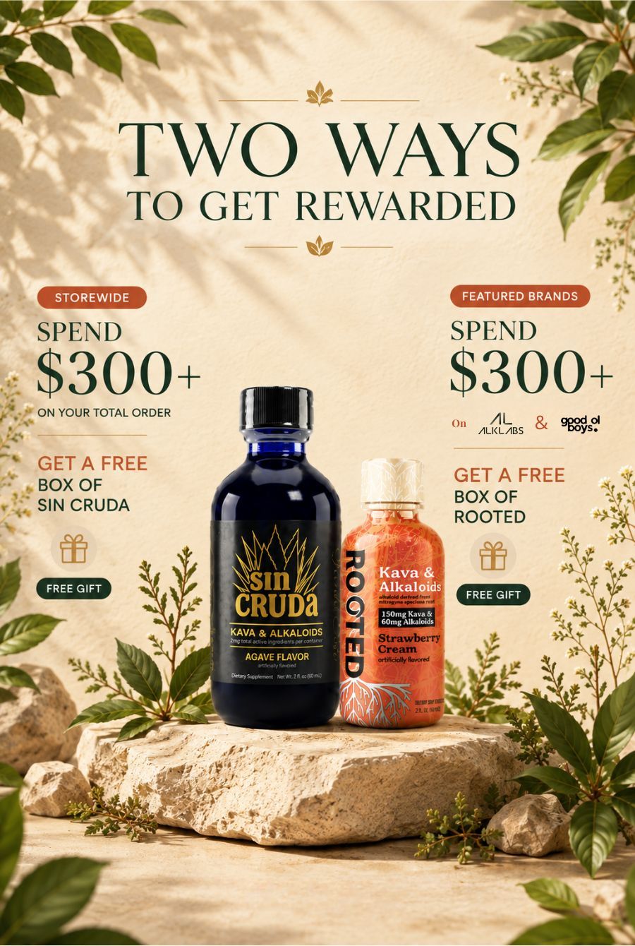 Promotional image offering rewards for purchases of Sin Cruda and Rooted products.