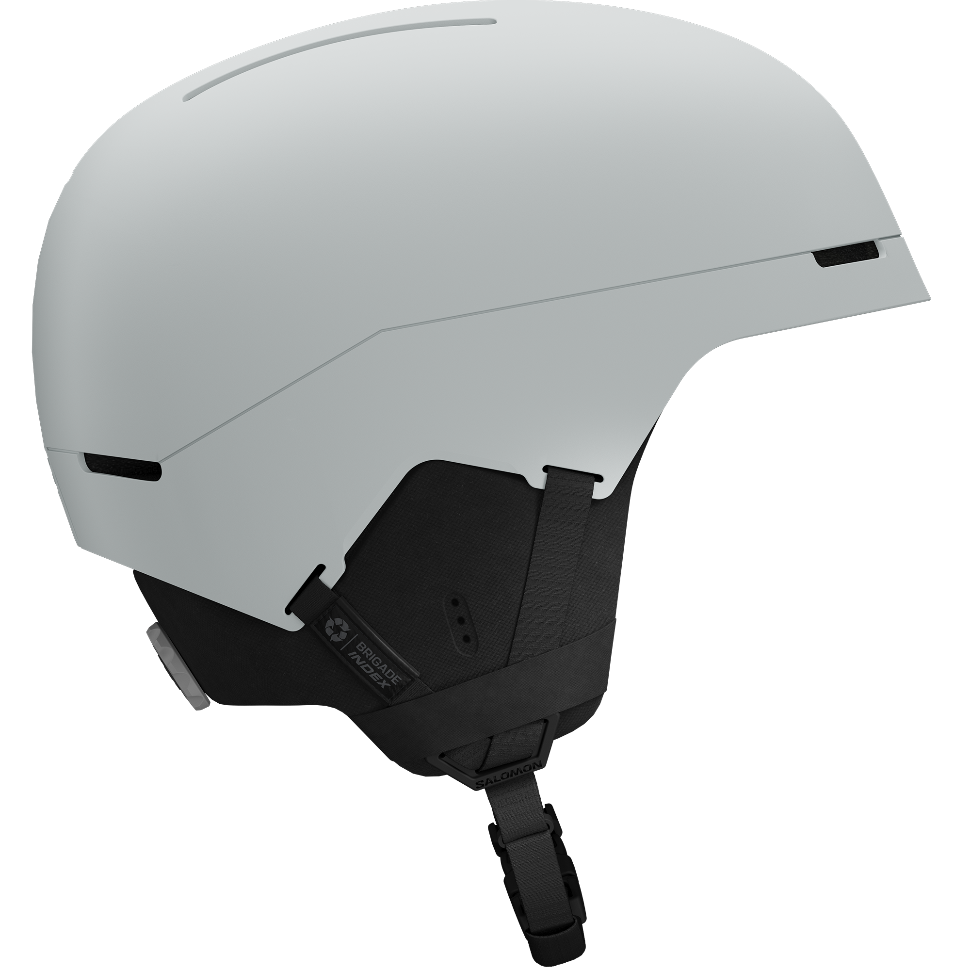 White ski helmet with a visor and adjustable chin strap.