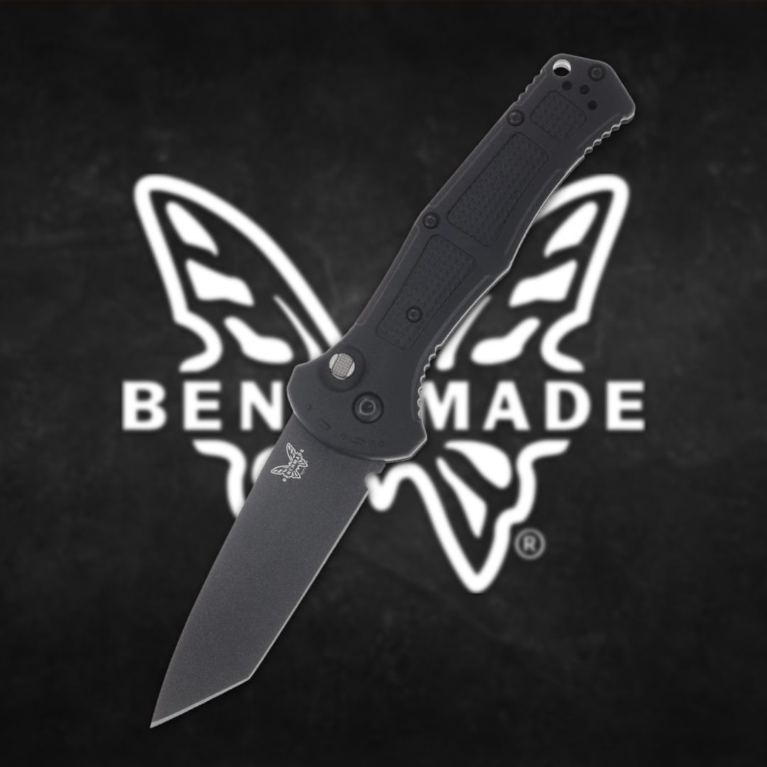 Black folding knife with Benchmade logo in the background.