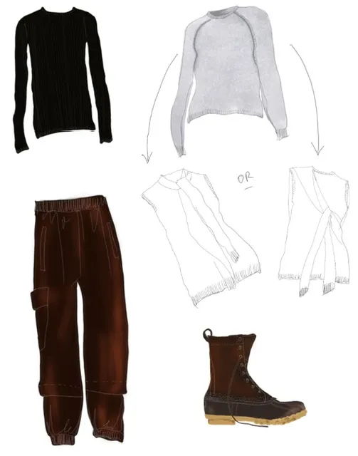 Fashion illustration featuring clothing items: tops, pants, and boots.