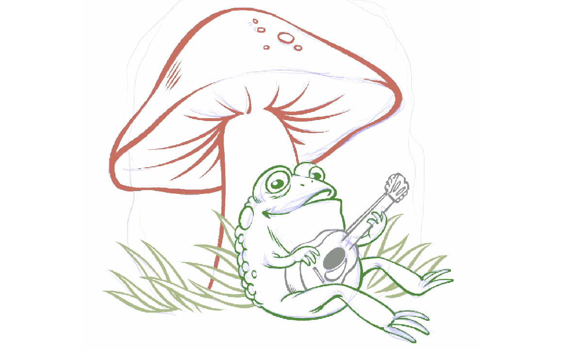 A line art illustration of a toad playing guitar under a toadstool.