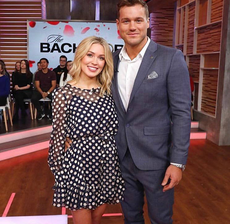 cassie randolph in polka dot queenie dress by J.ING with The Bachelor colton underwood 