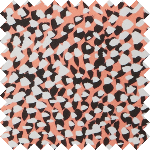 Abstract pattern with coral, black, and white shapes resembling animal print.
