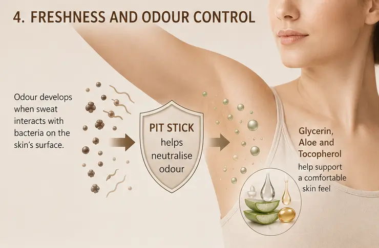 Freshness and odor control advertisement for a deodorant product.