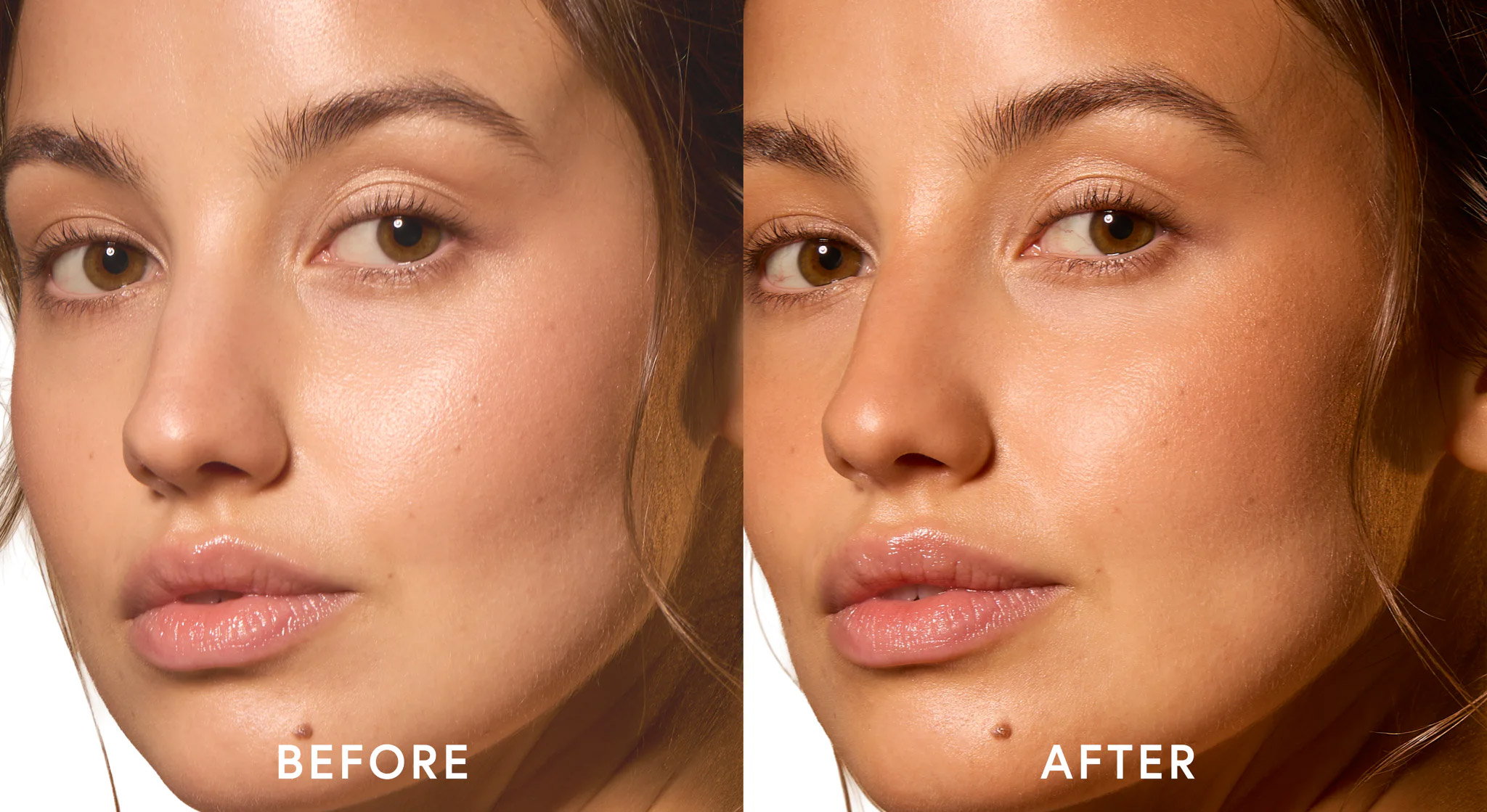 Before and after images of a woman's facial appearance.